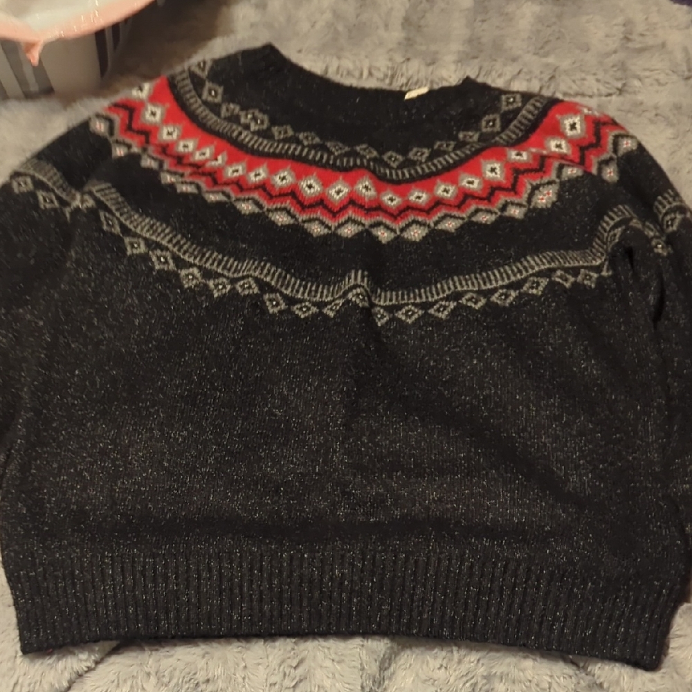 Weatherproof Black Sweater with Red and Gray Pattern